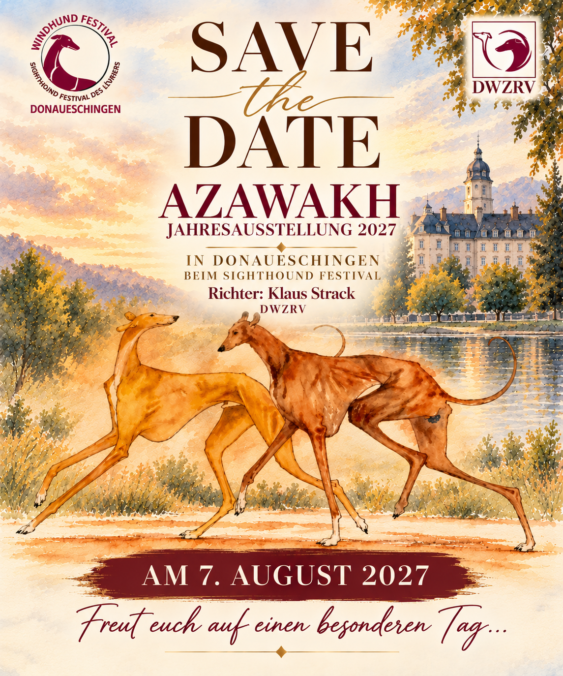 Werbebanner zur Azawakh Jahresausstellung 2027 auf dem Sighthound Festival in Donaueschingen