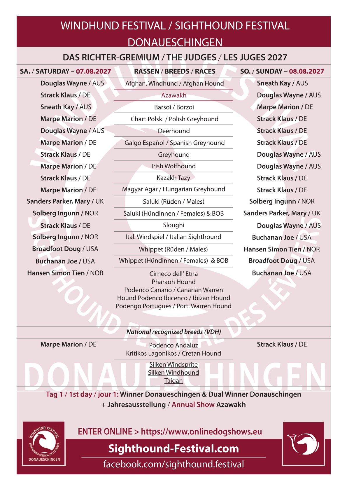 Richterliste List of Judges Donaueschingen Sighthound Festival 2027